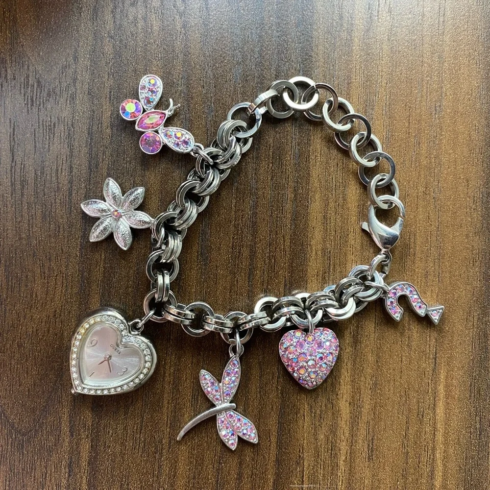 Guess Charms Chainlink Bracelet Charm Watch Pink couture coquette